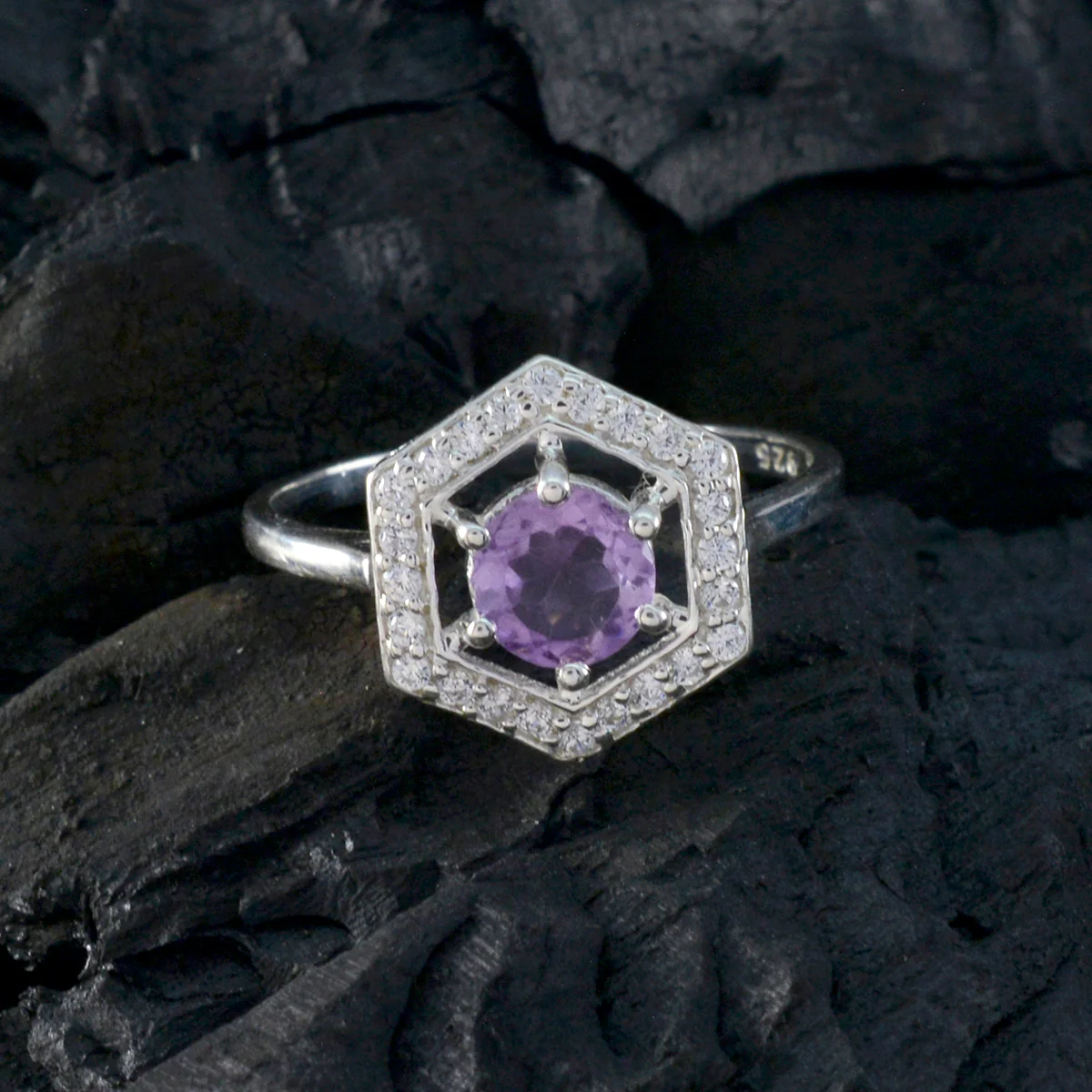 Amethyst Halo American Silver Purple Gemstones Dainty Feminine Ring Jewelry - Image 4