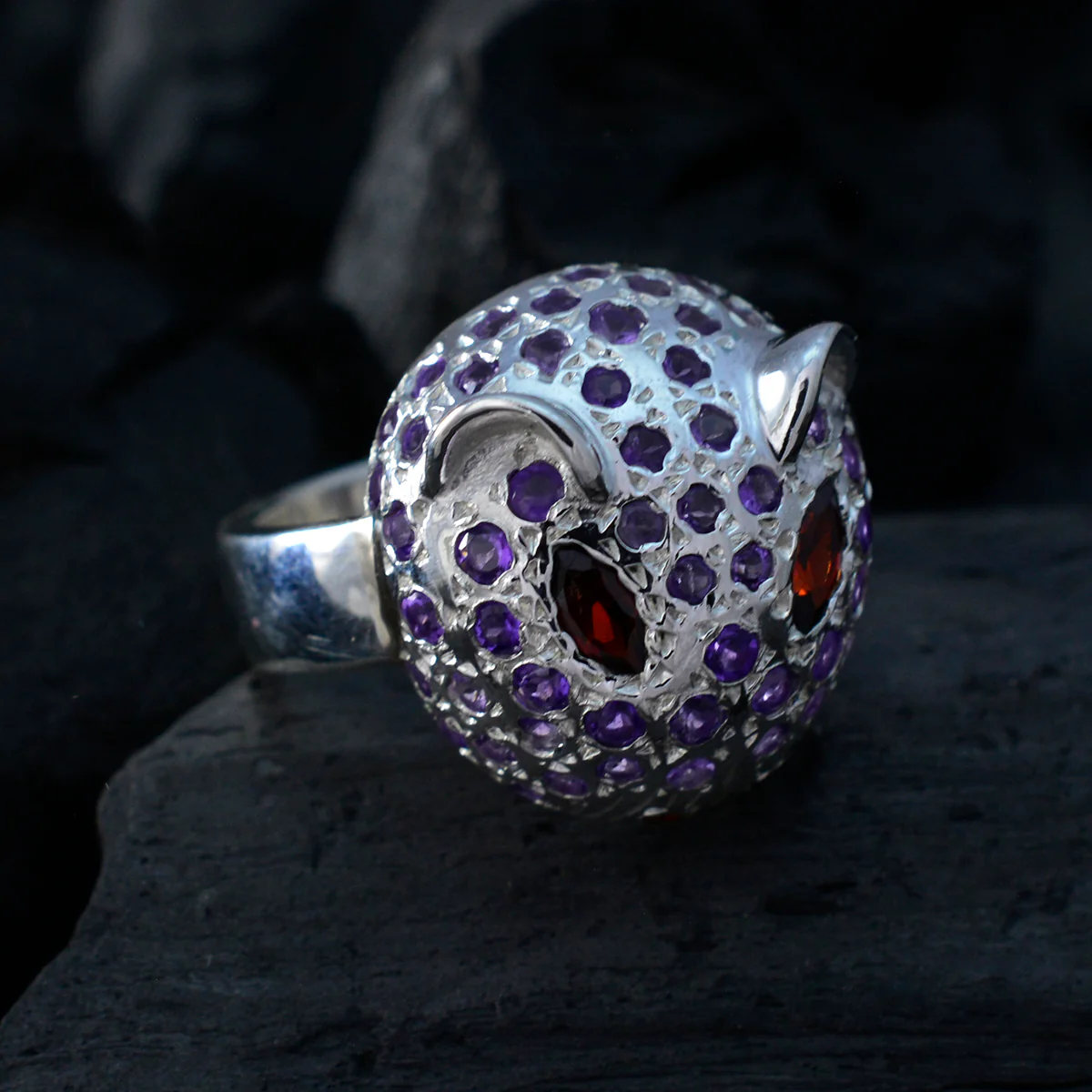 Amethyst Halo Egyptian 925 Sterling Silver Purple Gemstones Eye-catching Abstract Ring Jewelry - Image 5