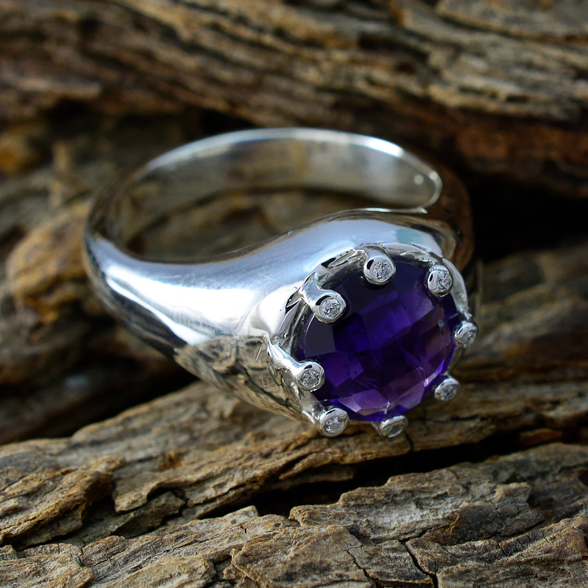 Amethyst Halo Egyptian Silver Purple Gems Versatile Abstract Ring Jewellery - Image 3