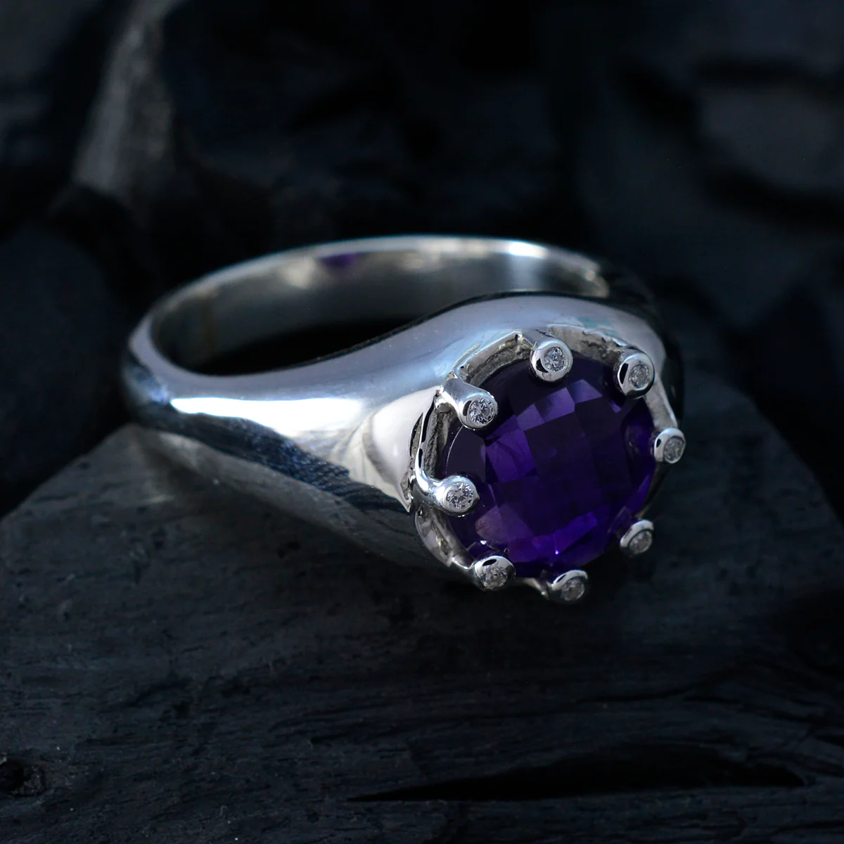 Amethyst Halo Egyptian Silver Purple Gems Versatile Abstract Ring Jewellery - Image 4