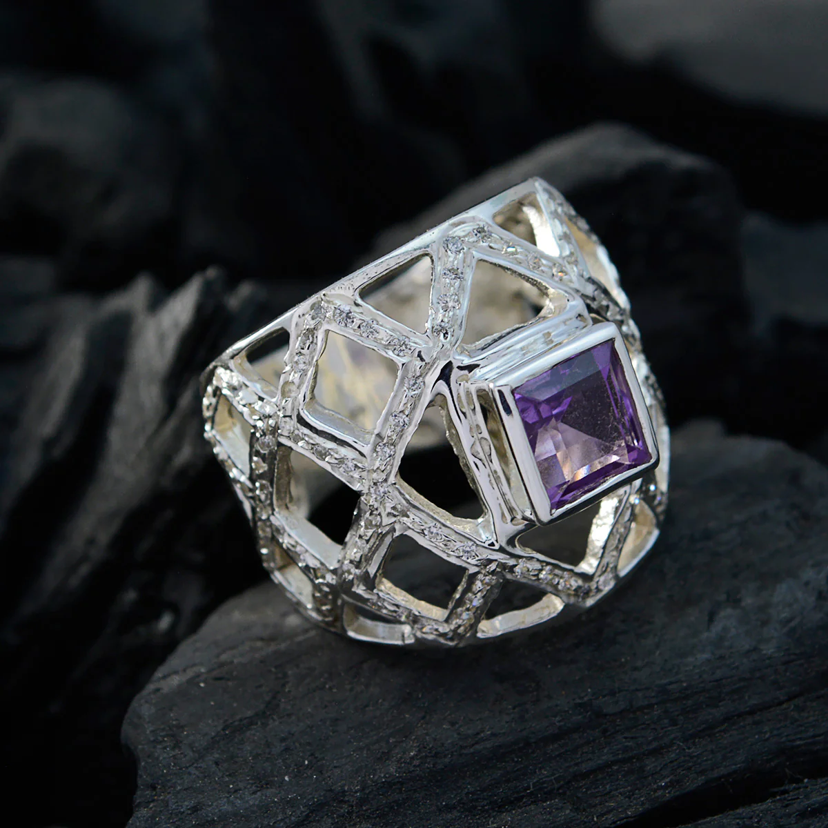 Amethyst Halo German Silver Purple Gemstones Essential  Abstract Ring Jewellery - Image 4