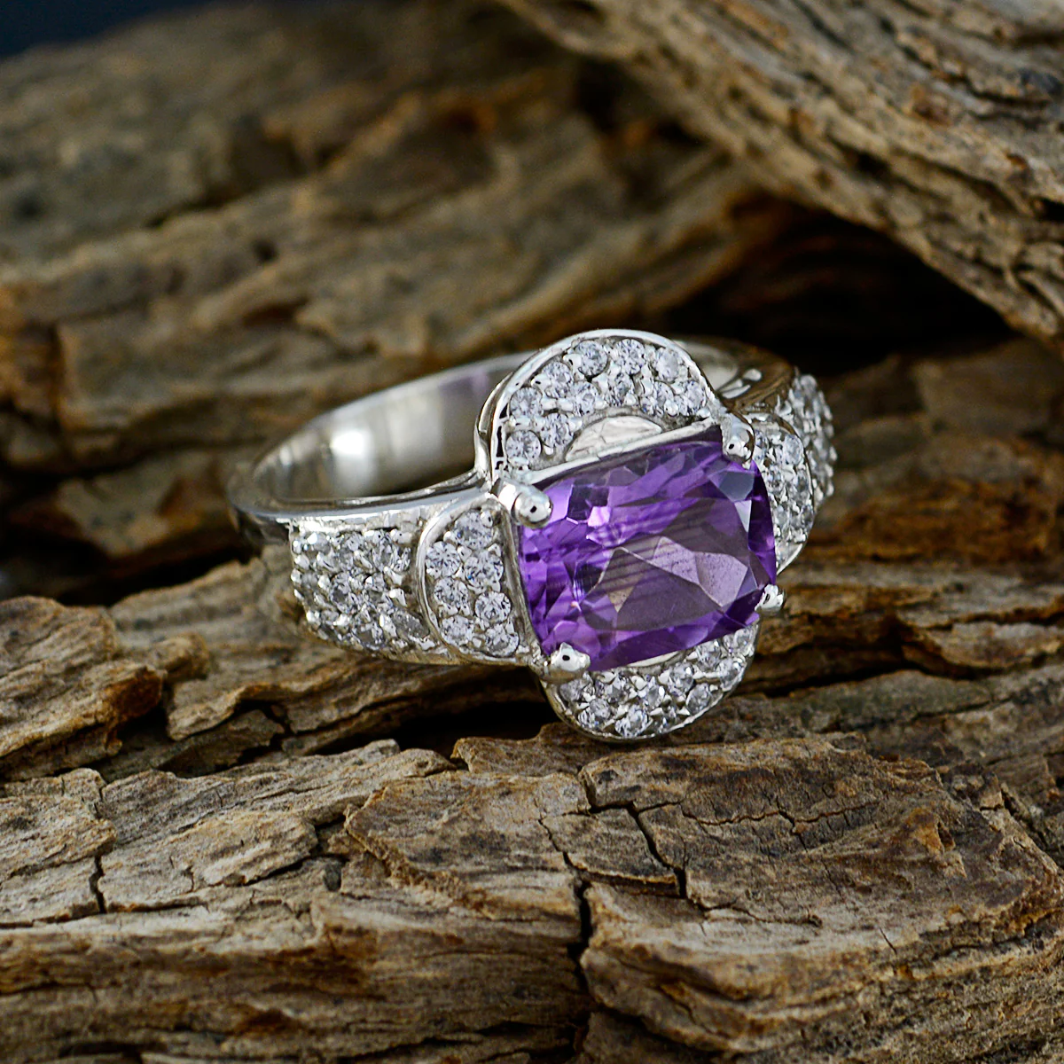 Amethyst Halo Indian 925 Silver Purple Gems Mid-weight Contemporary Ring Jewelry - Image 4