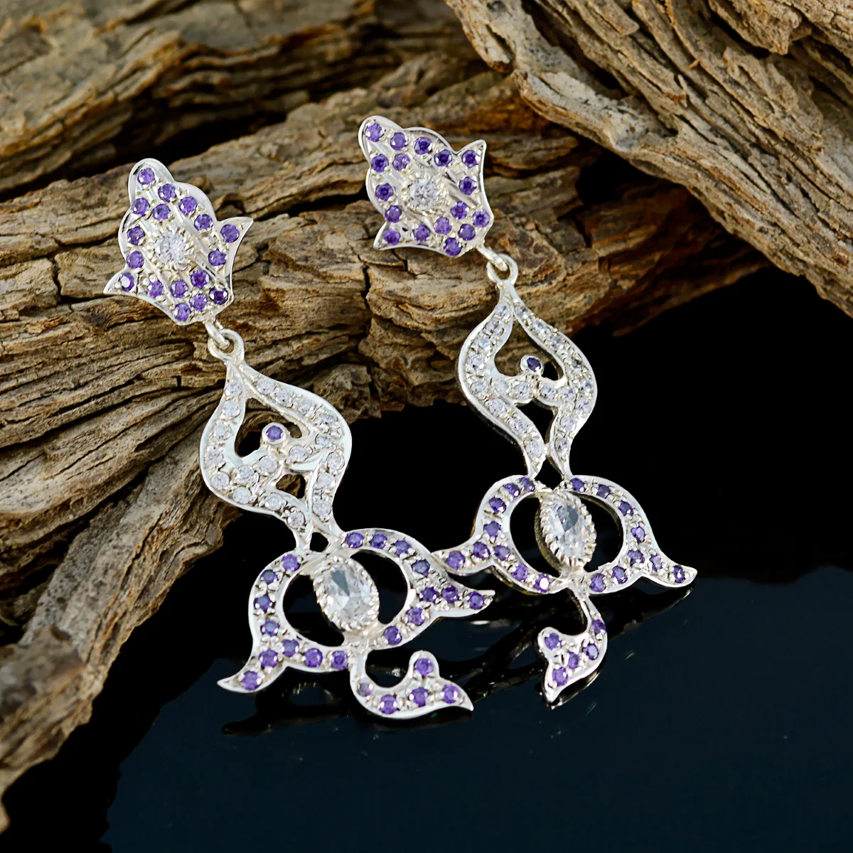 Amethyst Indian Saanvi multiple Stud Purple Silver Earring - Image 3