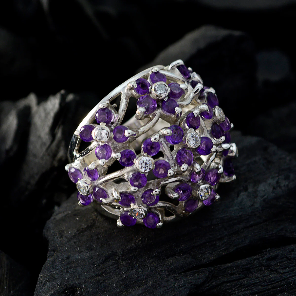 Amethyst multiple African 925 Sterling Silver Purple Gems Statement Floral Ring Jewellery - Image 5