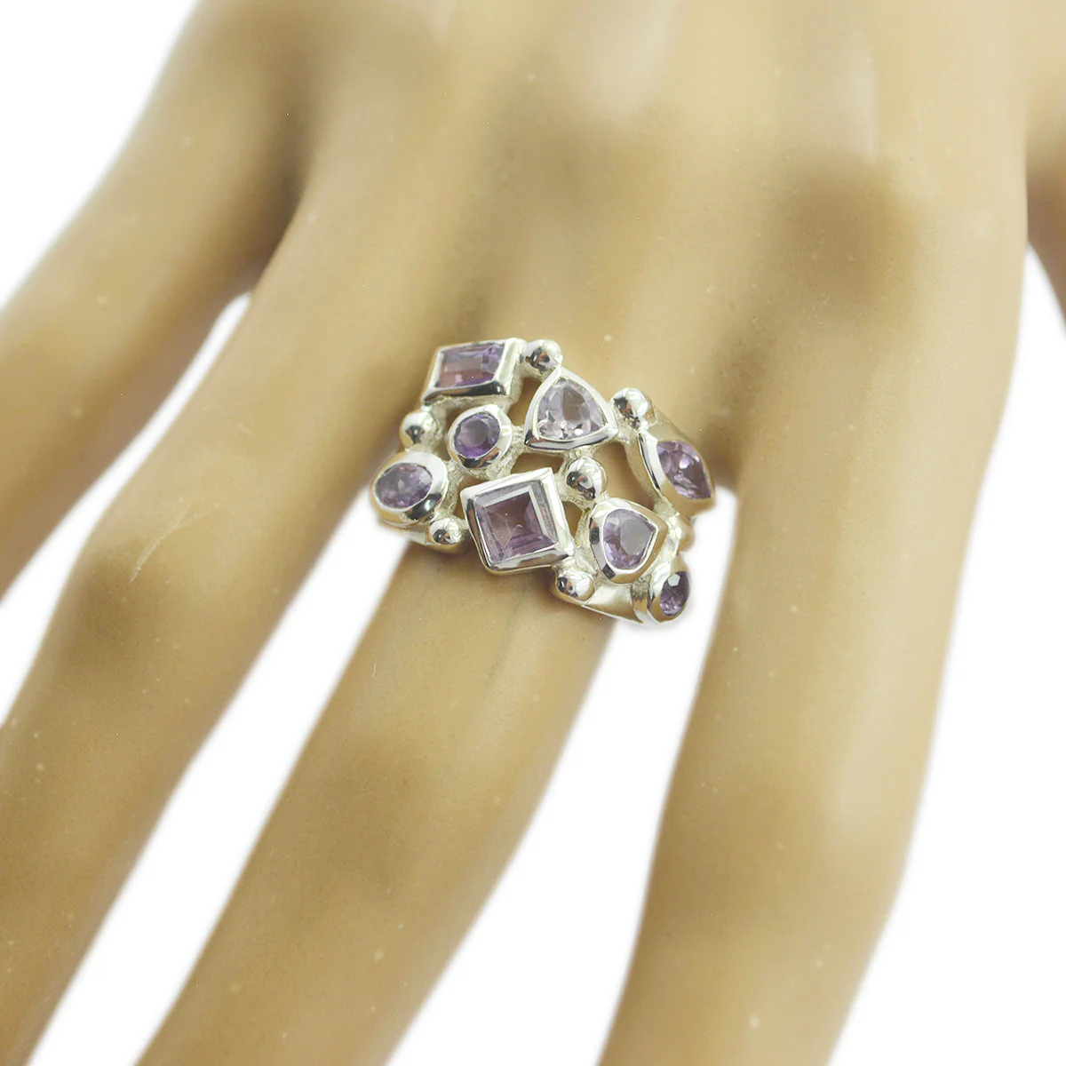 Amethyst multiple French 925 Sterling Silver Purple Gemstones Eye-catching Modern Ring Jewelry - Image 2