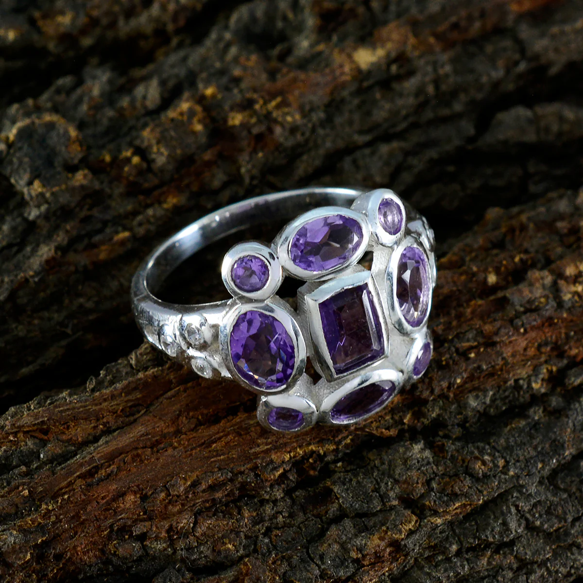 Amethyst Navratna Russian 925 Silver Purple Gemstone Classic Signet Ring Jewellery - Image 3