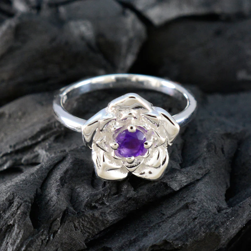 Amethyst Solitaire African 925 Silver Purple Gemstone Tiny Floral Ring Jewellery - Image 4