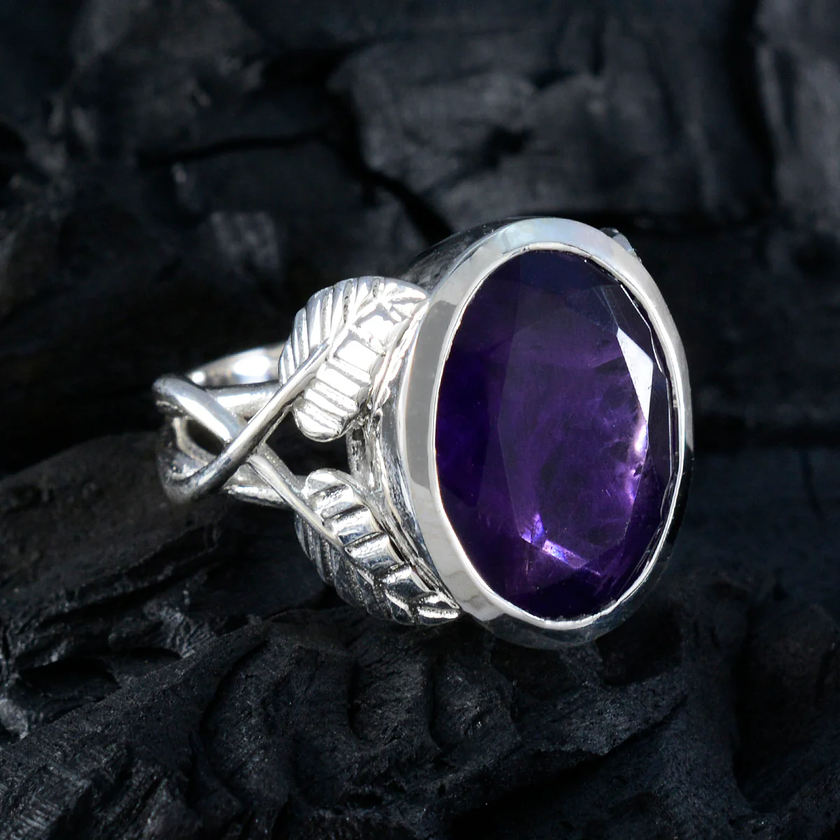 Amethyst Solitaire German Silver Purple Gemstone Statement Leafy Ring Jewellery - Image 5