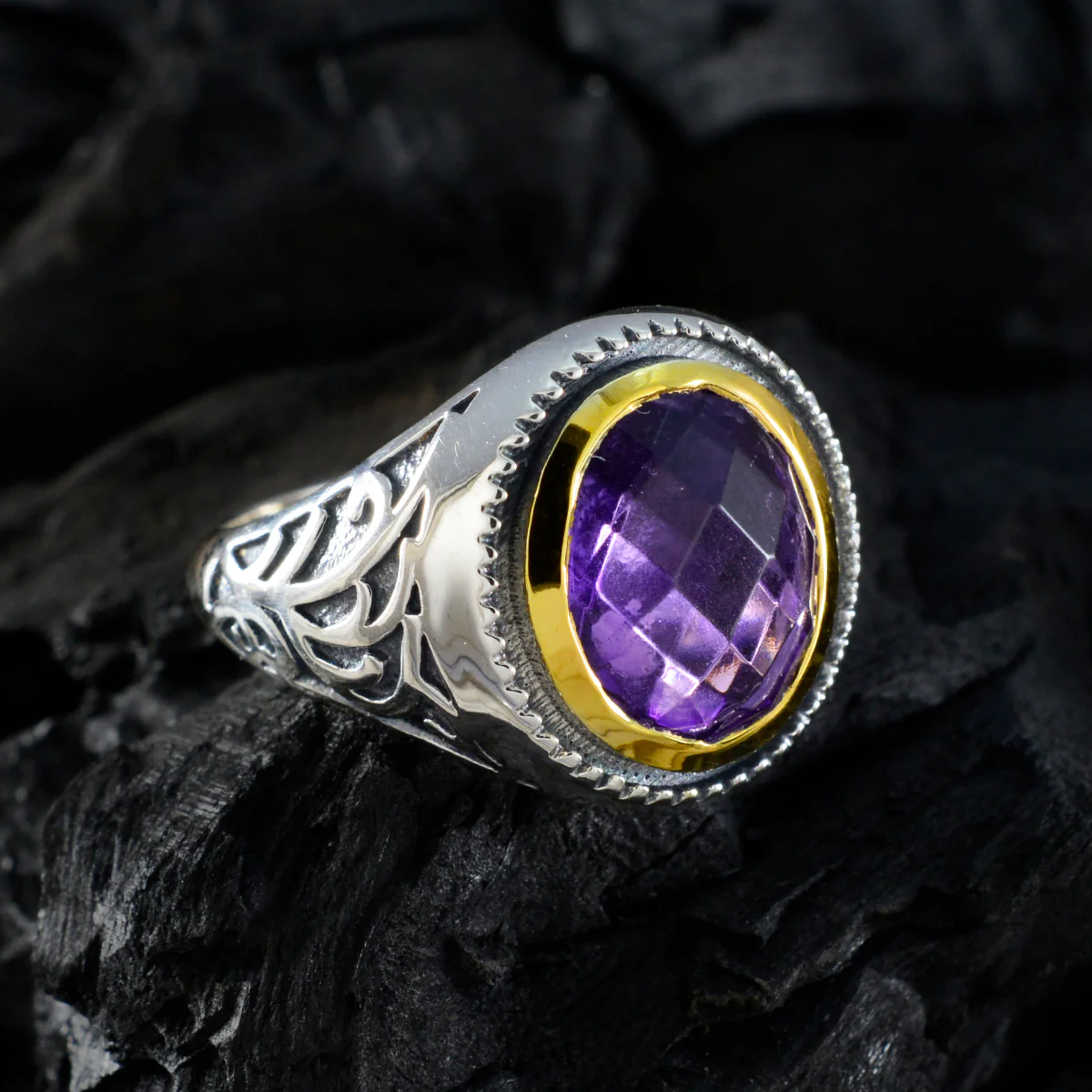 Amethyst Solitaire Mexican Sterling Silver Purple Gemstone Eye-catching Filigree Ring Jewellery - Image 4
