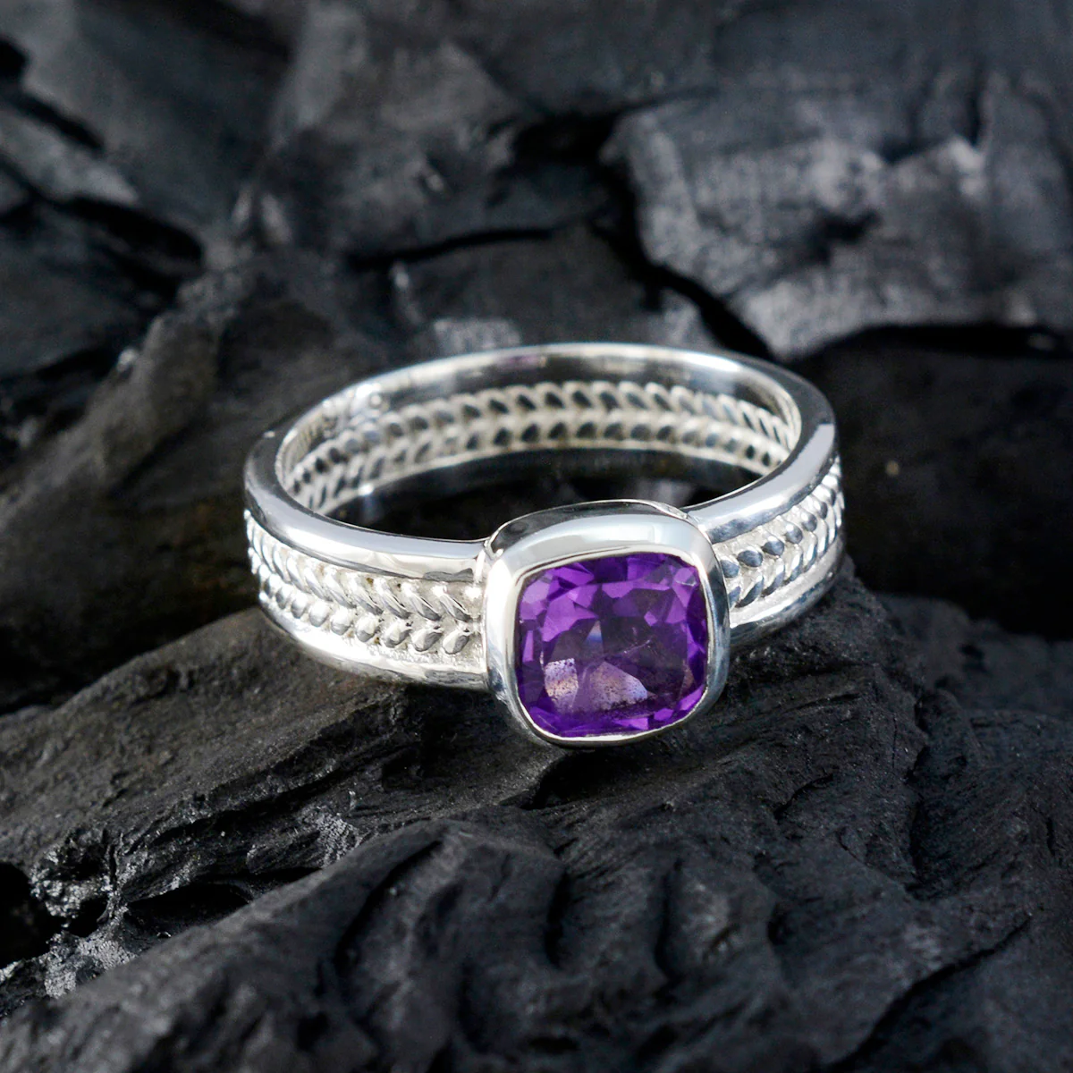 Amethyst Solitaire Middle Eastern 925 Sterling Silver Purple Gems Mid-weight Rope-Wire Band Jewelry - Image 4