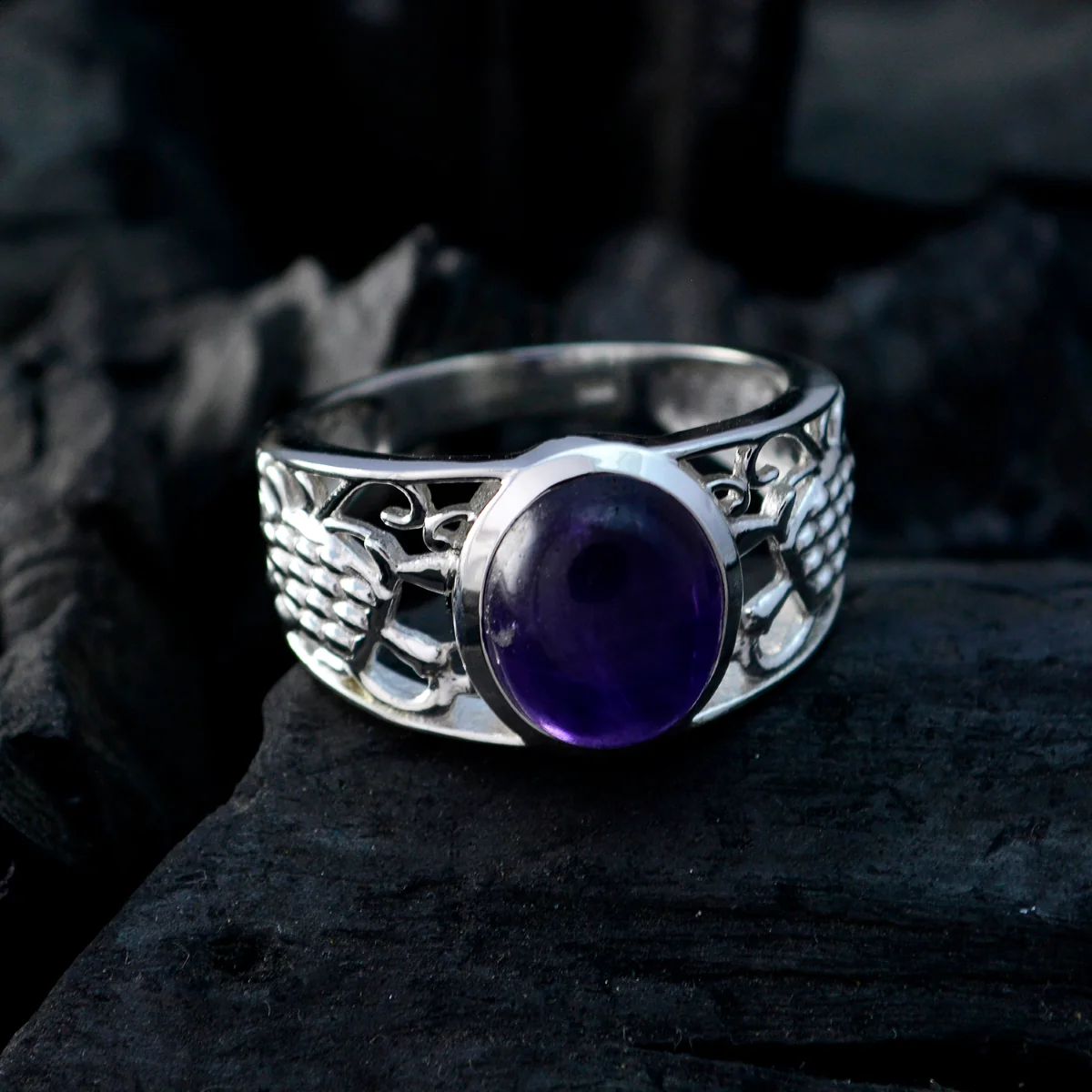 Amethyst Solitaire Middle Eastern Silver Purple Gemstones Mid-weight Filigree Ring Jewelry - Image 4
