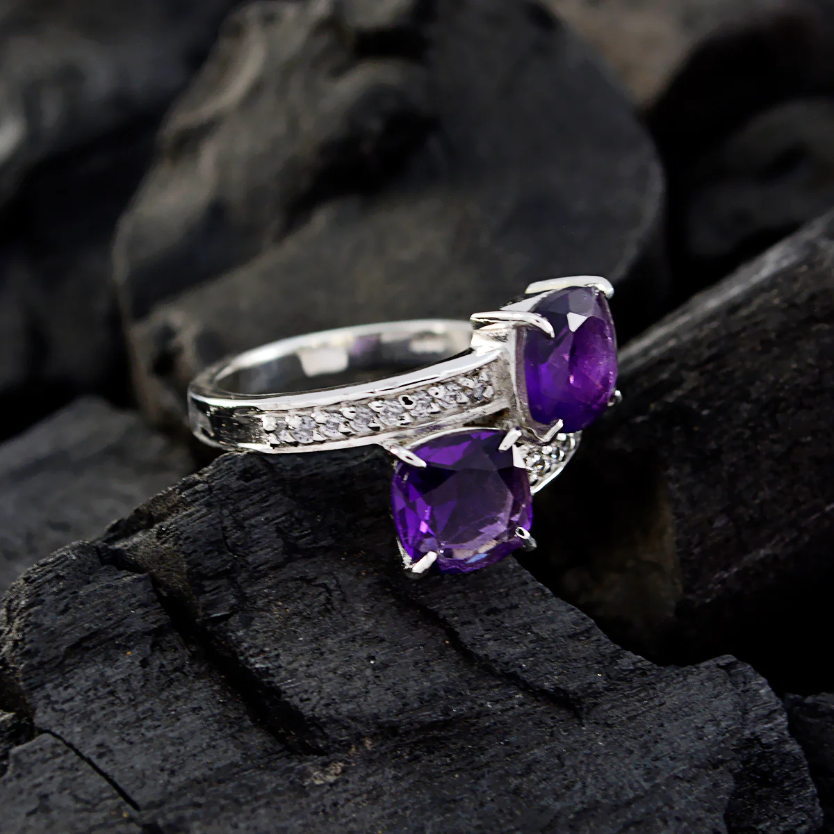 Amethyst Toi et Moi African 92.5 Silver Purple Gemstone Mid-weight Abstract Ring Jewellery - Image 3