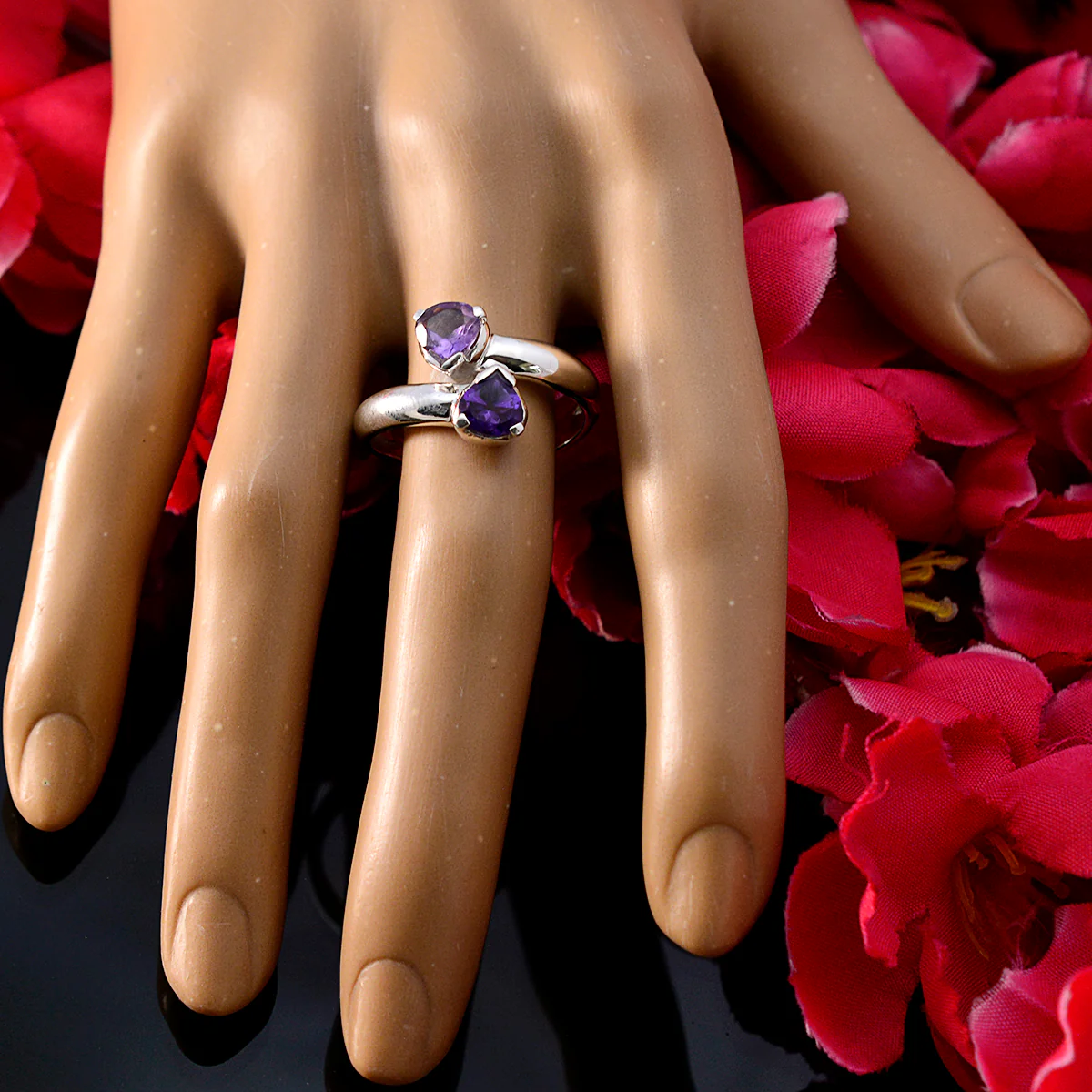 Amethyst Toi et Moi African 92.5 Silver Purple Gemstone Slim Contemporary Ring Jewellery - Image 5