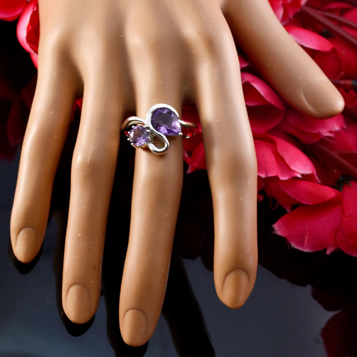 Amethyst Toi et Moi Indian 92.5 Silver Purple Gemstone Featherlight Graceful Ring Jewellery - Image 6