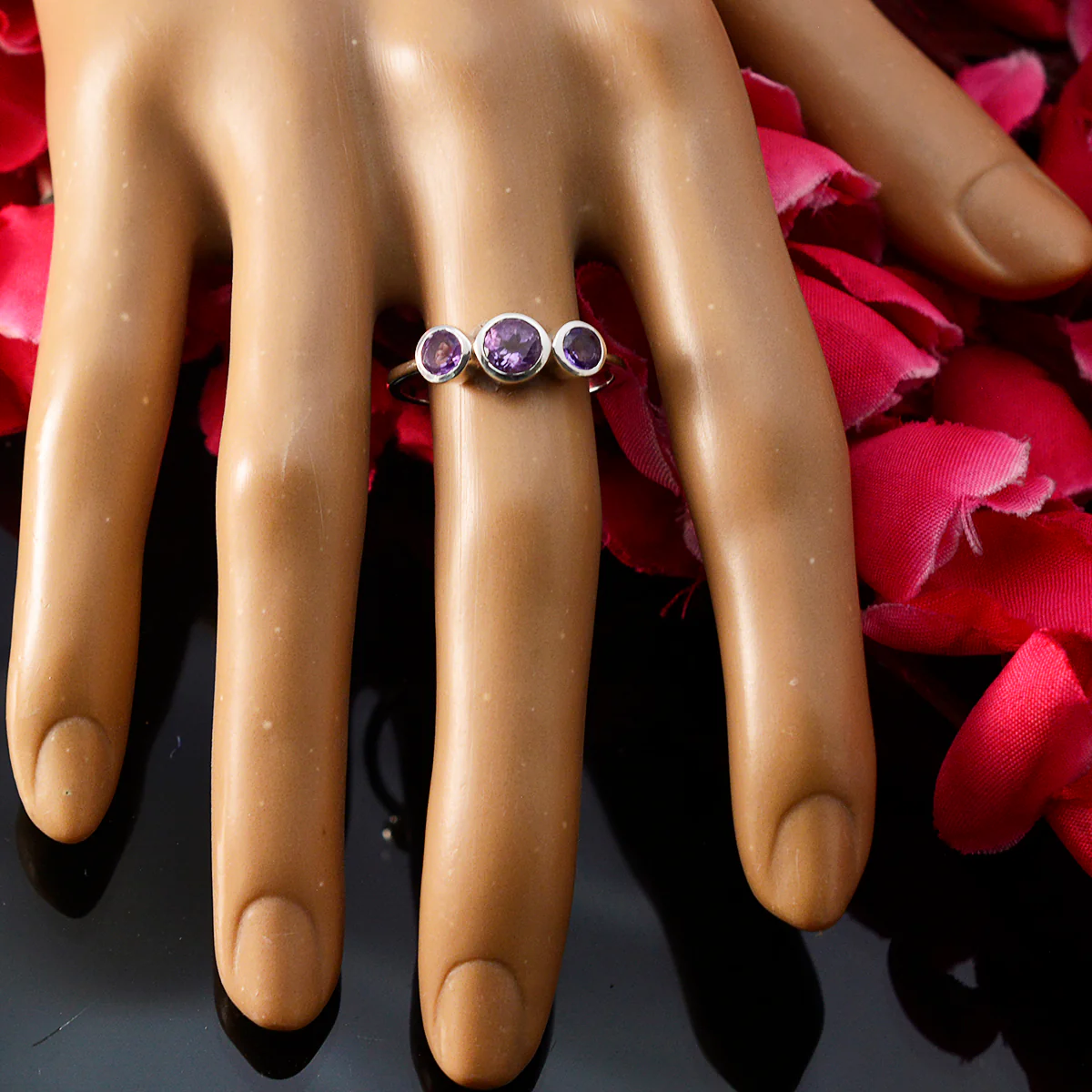 Amethyst Trilogy American 92.5 Silver Purple Gems Dainty Abstract Ring Jewellery - Image 5