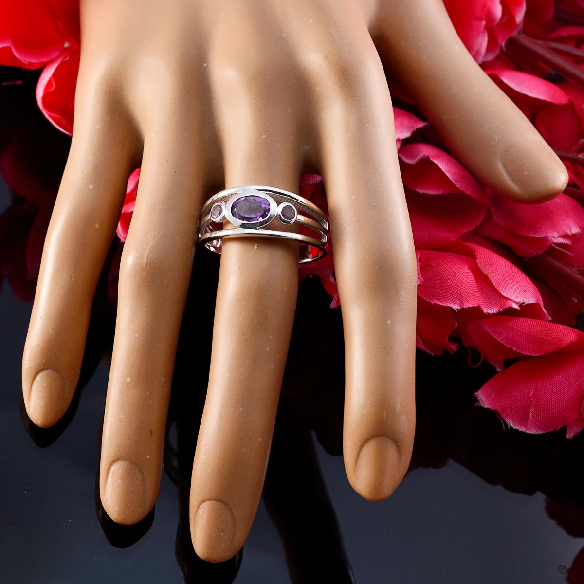 Amethyst Trilogy German 925 Silver Purple Gemstone Tiny Abstract Ring Jewelry - Image 6
