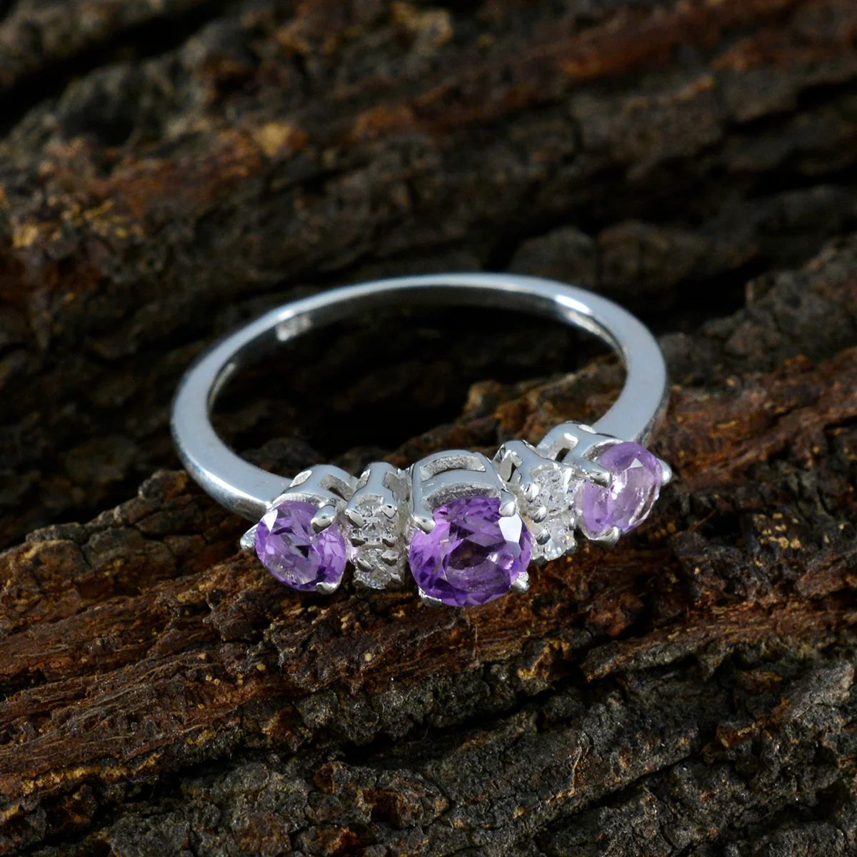 Amethyst Trilogy Japanese 92.5 Silver Purple Gems Delicate Modern Ring Jewelry - Image 3