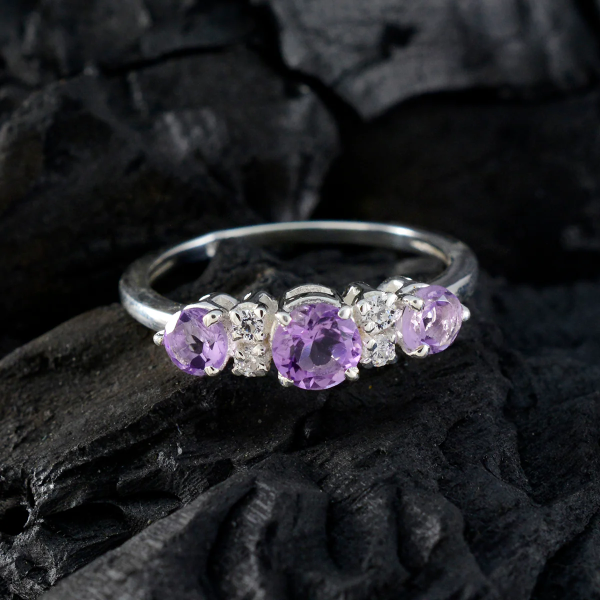 Amethyst Trilogy Japanese 92.5 Silver Purple Gems Delicate Modern Ring Jewelry - Image 4