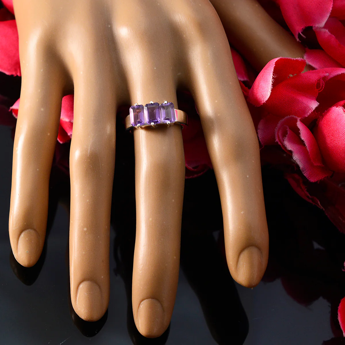 Amethyst Trilogy Turkish 925 Sterling Silver Purple Gemstones Whisper-thin Romantic Ring Jewellery - Image 6