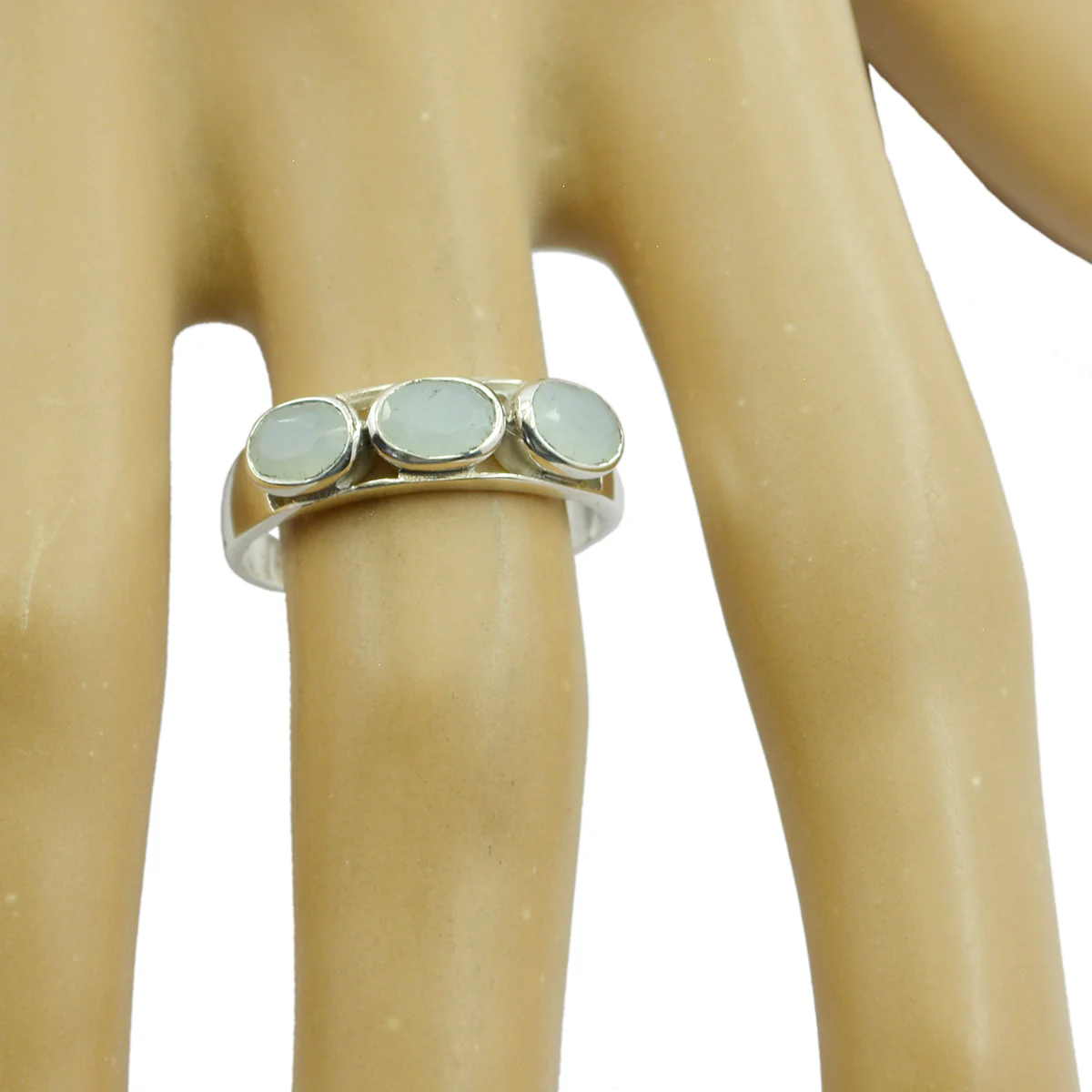 Aqua Chalcedony Trilogy Korean Sterling Silver Green Gemstones Delicate Glamorous Ring Jewelry - Image 3