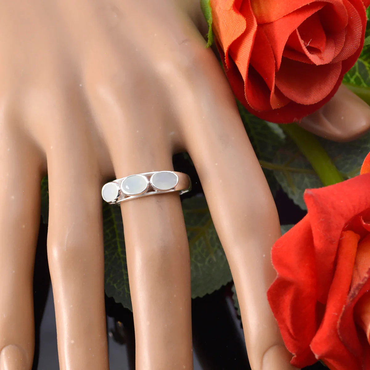 Aqua Chalcedony Trilogy Korean Sterling Silver Green Gemstones Delicate Glamorous Ring Jewelry - Image 4
