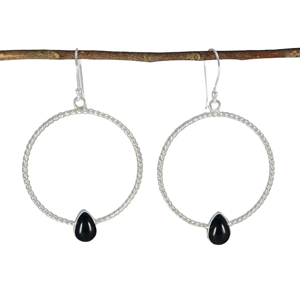 Black Onyx American Eva Solitaire Dangle Black Sterling Silver Earring