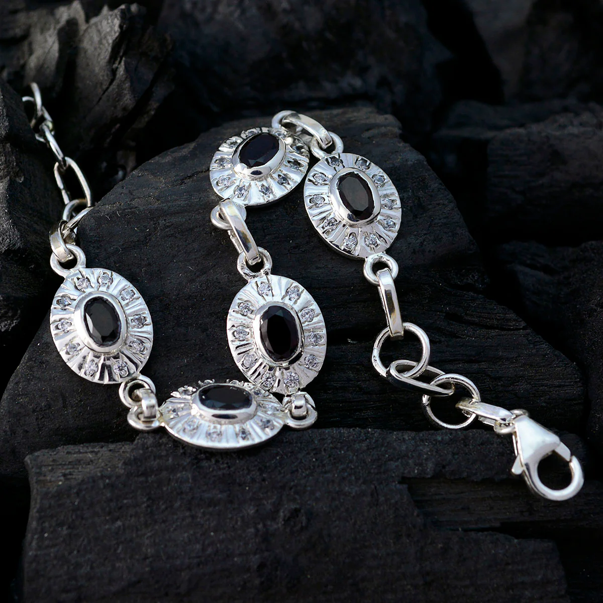 Black Onyx Columbus Day Whisper-thin Black Silver Links Bracelet - Image 2
