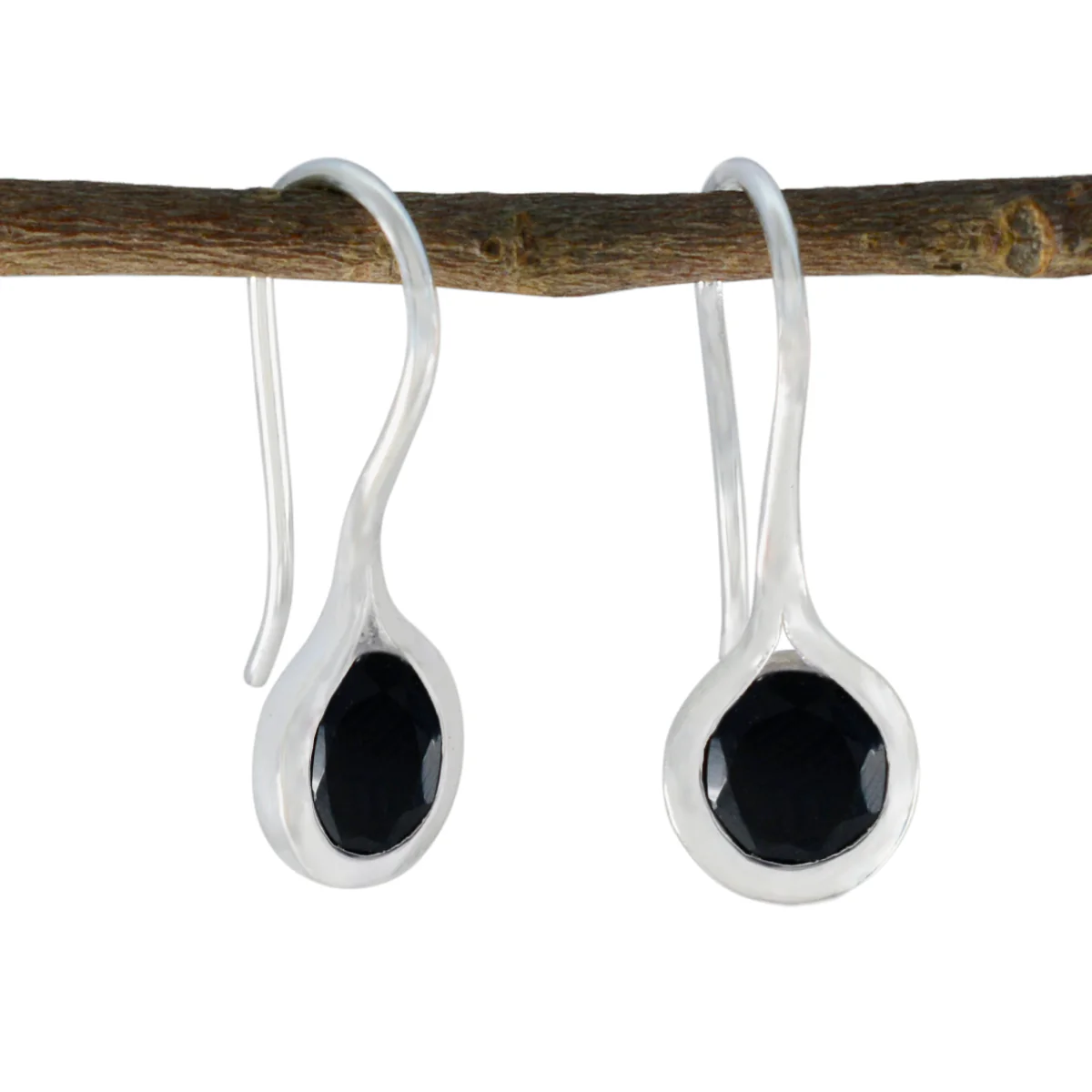 Black Onyx French Hannah Solitaire Dangle Black Silver Earring