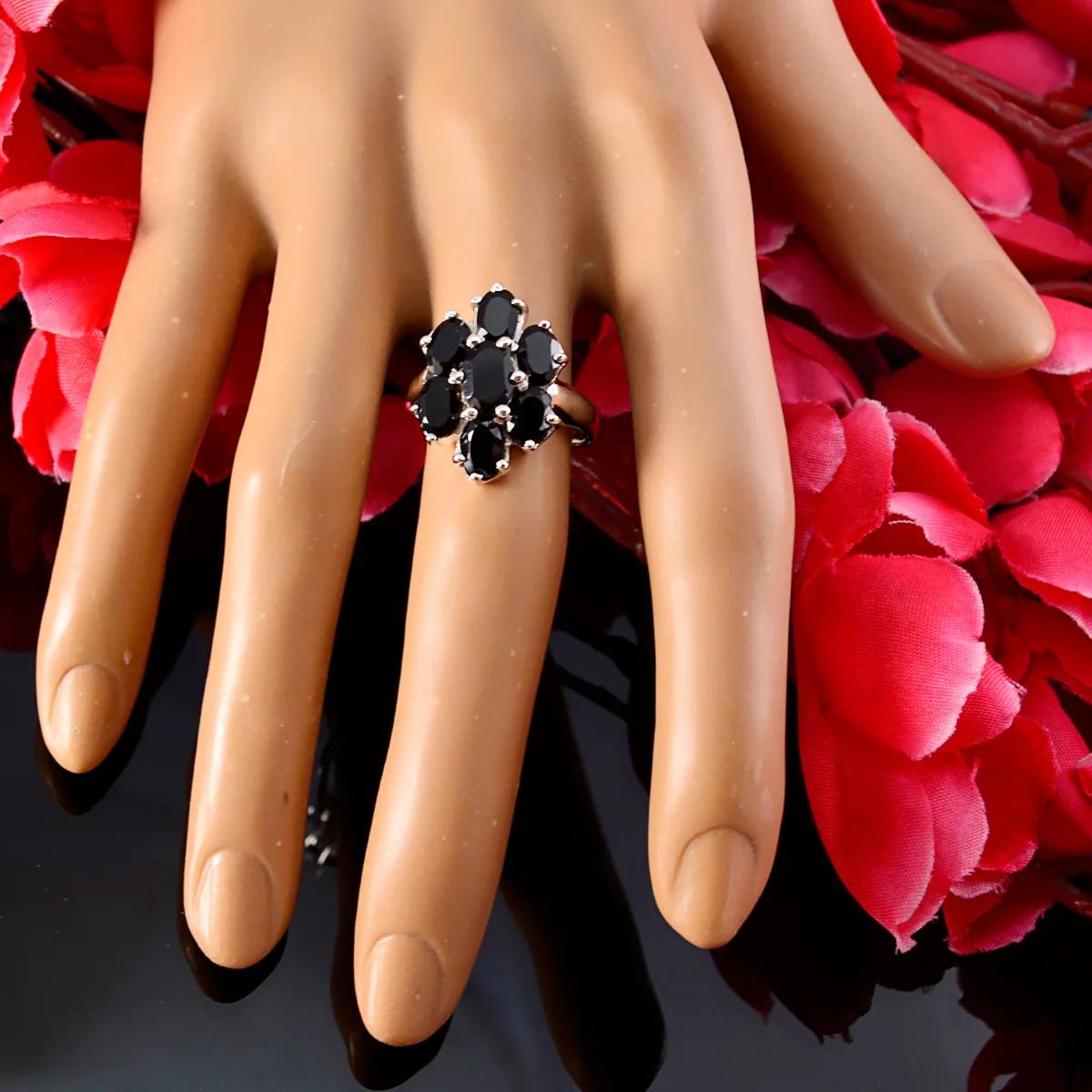 Black Onyx Hepta Egyptian 925 Silver Black Gemstones Mid-weight Floral Ring Jewellery - Image 6
