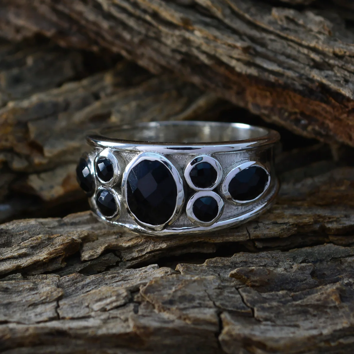 Black Onyx Hepta German Sterling Silver Black Gemstone Mid-weight Boho Ring Jewellery - Image 3
