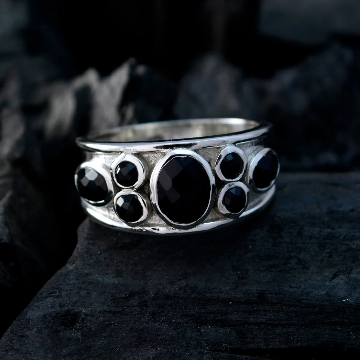 Black Onyx Hepta German Sterling Silver Black Gemstone Mid-weight Boho Ring Jewellery - Image 4