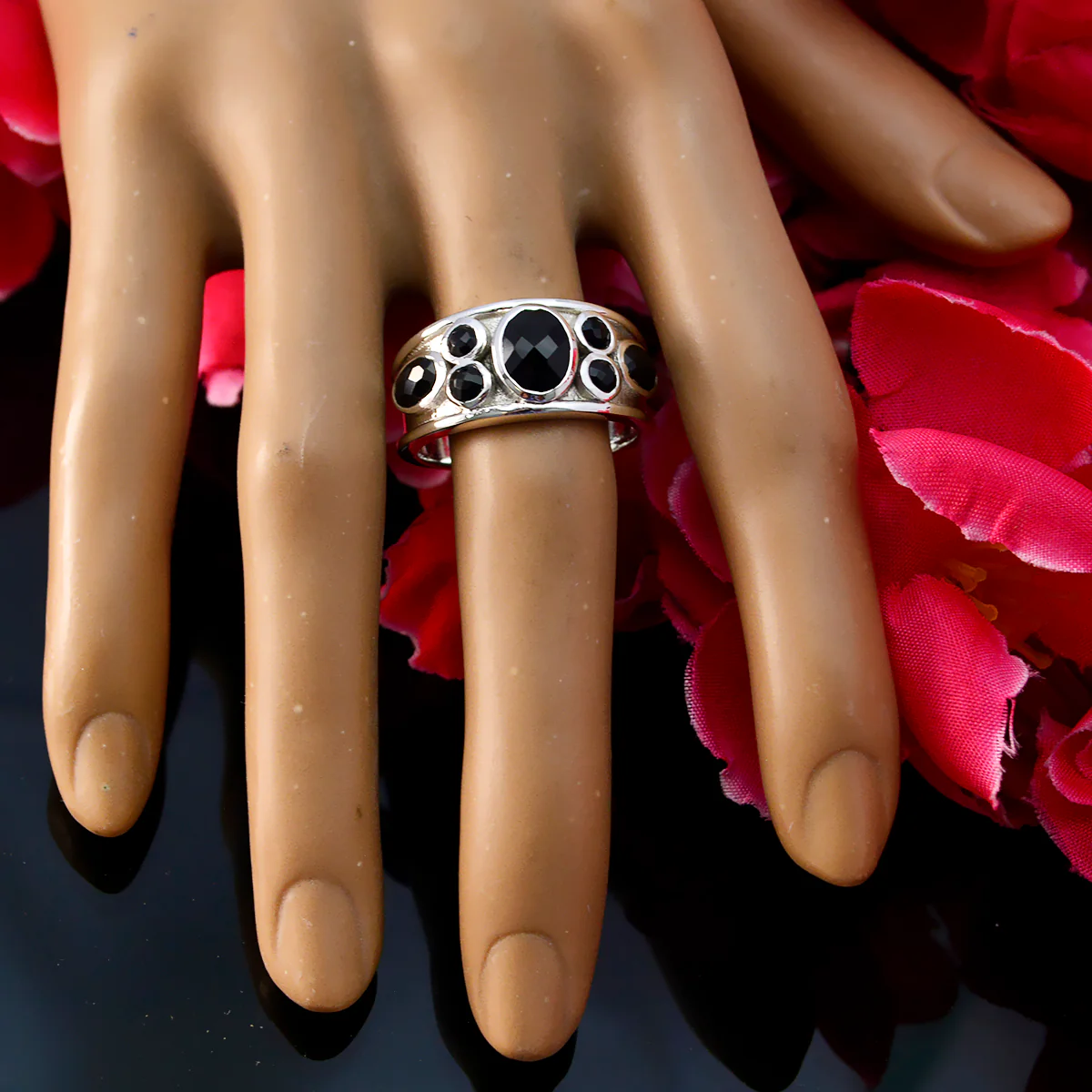 Black Onyx Hepta German Sterling Silver Black Gemstone Mid-weight Boho Ring Jewellery - Image 5