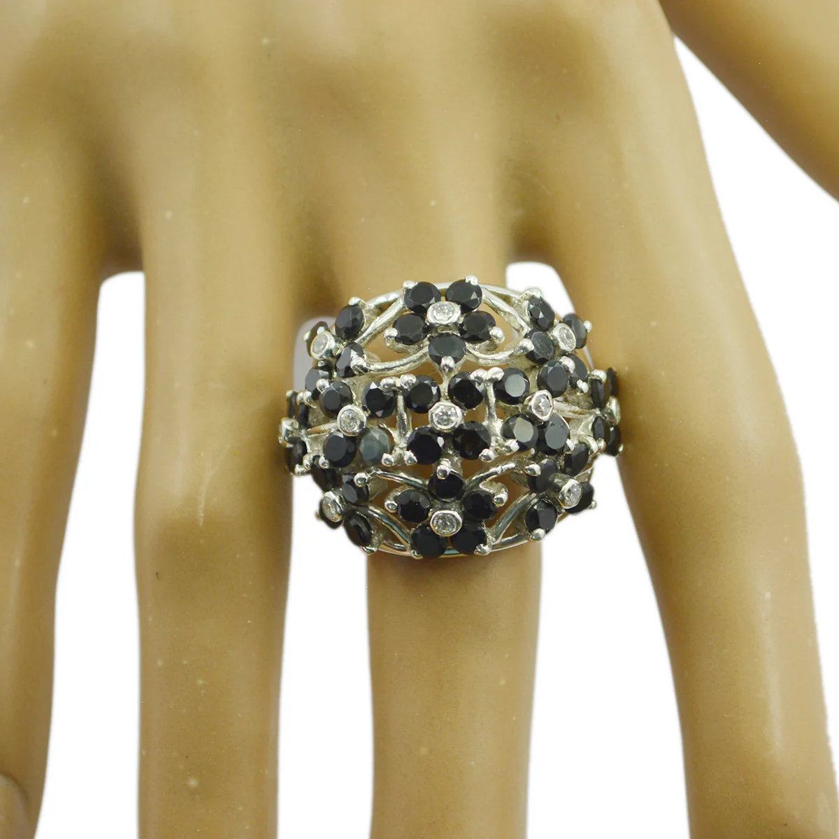 Black Onyx multiple African 925 Silver Black Gemstones Statement Floral Ring Jewelry - Image 2