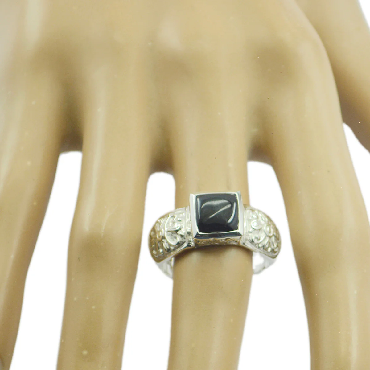 Black Onyx Solitaire French 92.5 Silver Black Gemstone Eye-catching Art Deco Ring Jewellery - Image 2