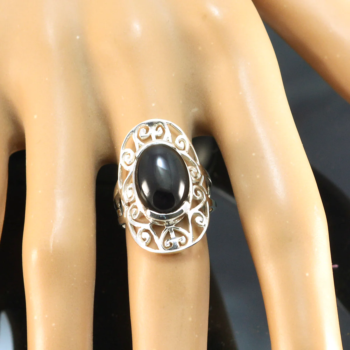 Black Onyx Solitaire German Silver Black Gems Classic Art Deco Ring Jewelry - Image 3