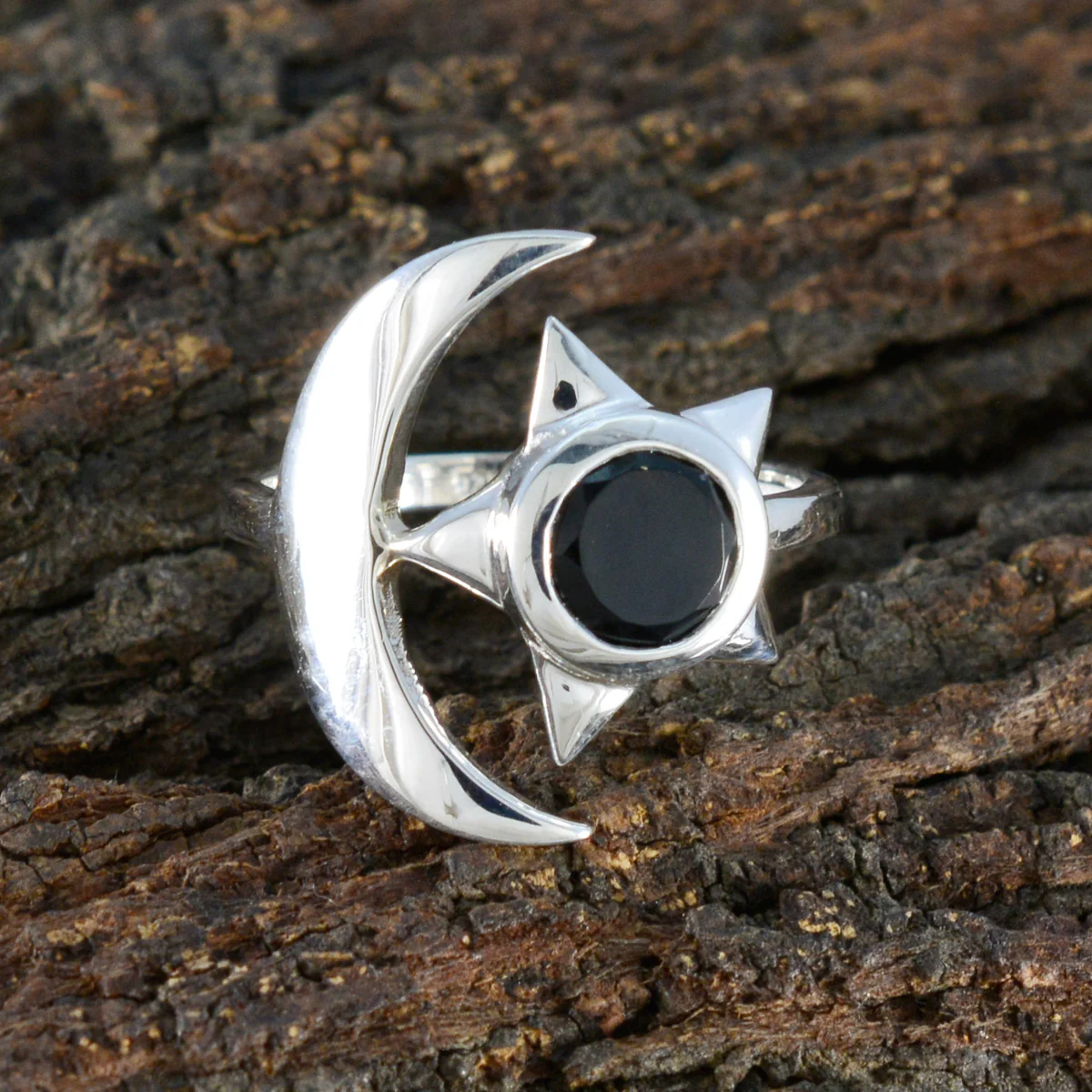 Black Onyx Solitaire German Silver Black Gemstone Slim Moon & Star Ring Jewelry - Image 3