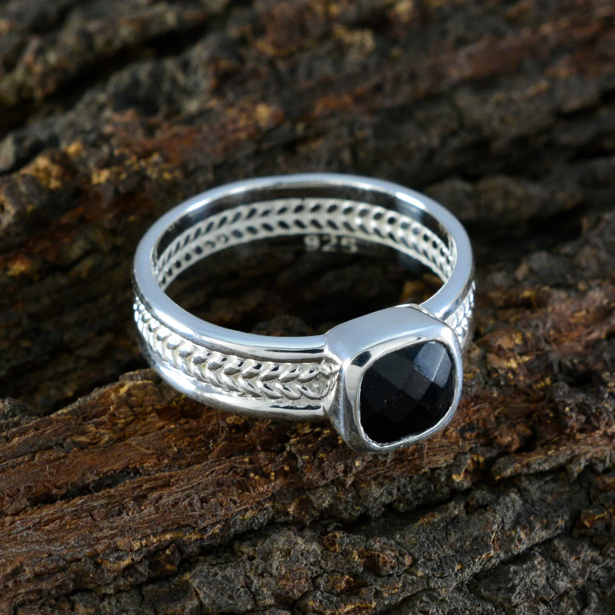 Black Onyx Solitaire Mexican Silver Black Gemstone Mid-weight Rope-Wire Band Jewellery - Image 3