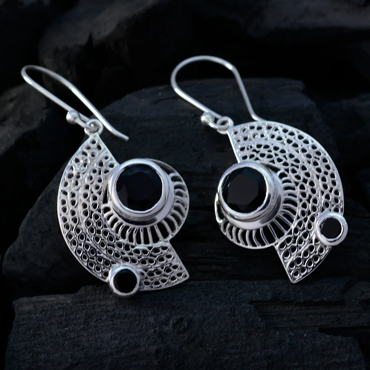 Black Onyx Turkish Giulia multiple Dangle Black 925 Silver Earring - Image 2