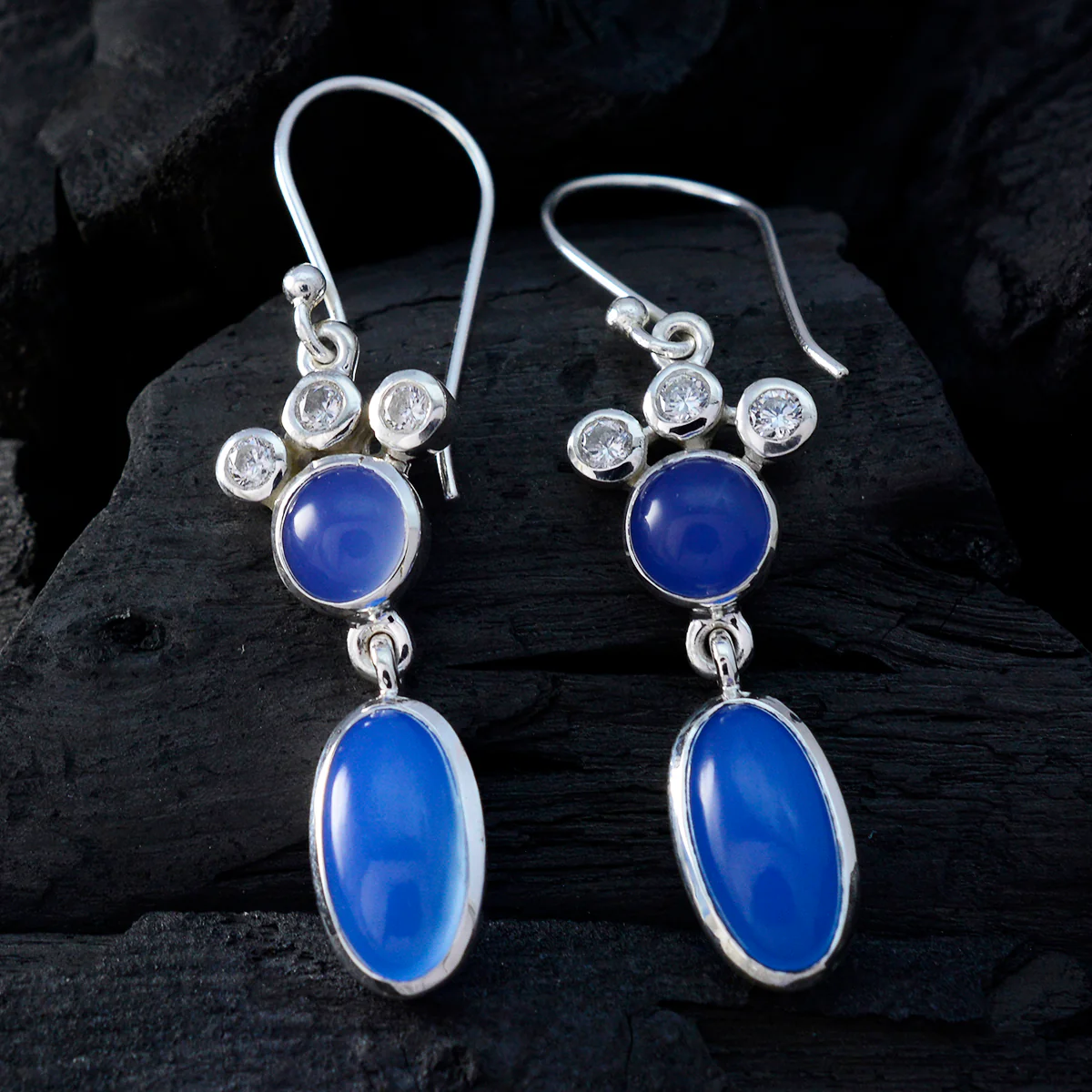 Blue Chalcedony African Haruka Toi et Moi Dangle Blue 925 Silver Earring - Image 2
