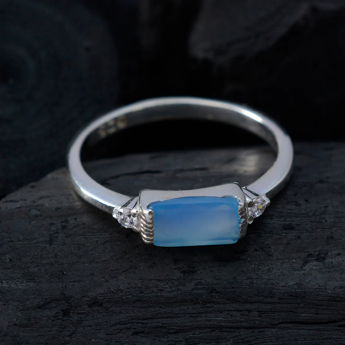 Blue Chalcedony Halo Turkish Sterling Silver Blue Gemstone Delicate Feminine Ring Jewelry - Image 4