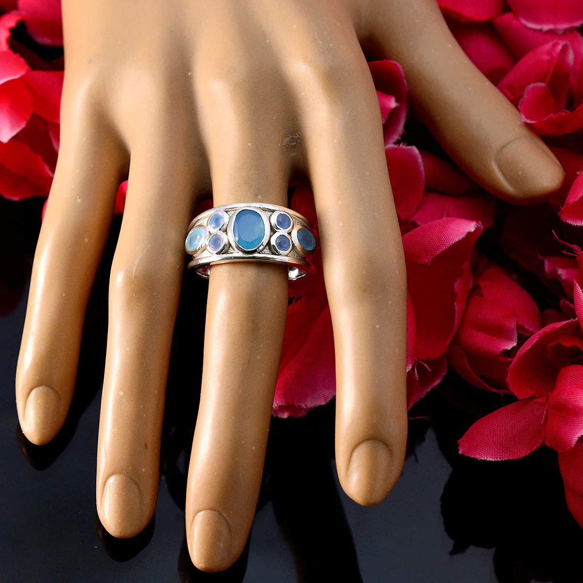 Blue Chalcedony Hepta French Silver Blue Gems Mid-weight Trendy Ring Jewelry - Image 5