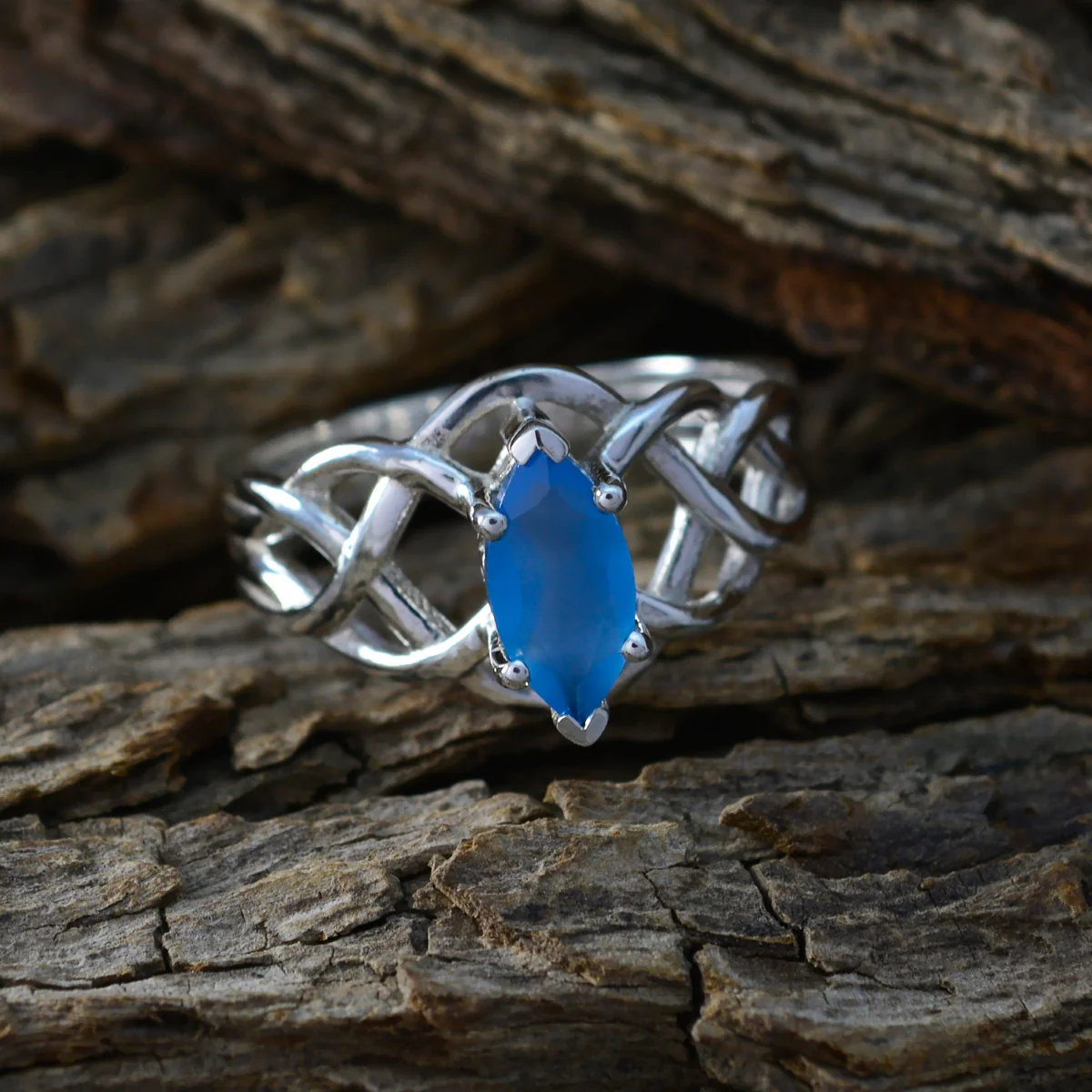 Blue Chalcedony Solitaire Egyptian Sterling Silver Blue Gems Tiny Art Deco Ring Jewelry - Image 3