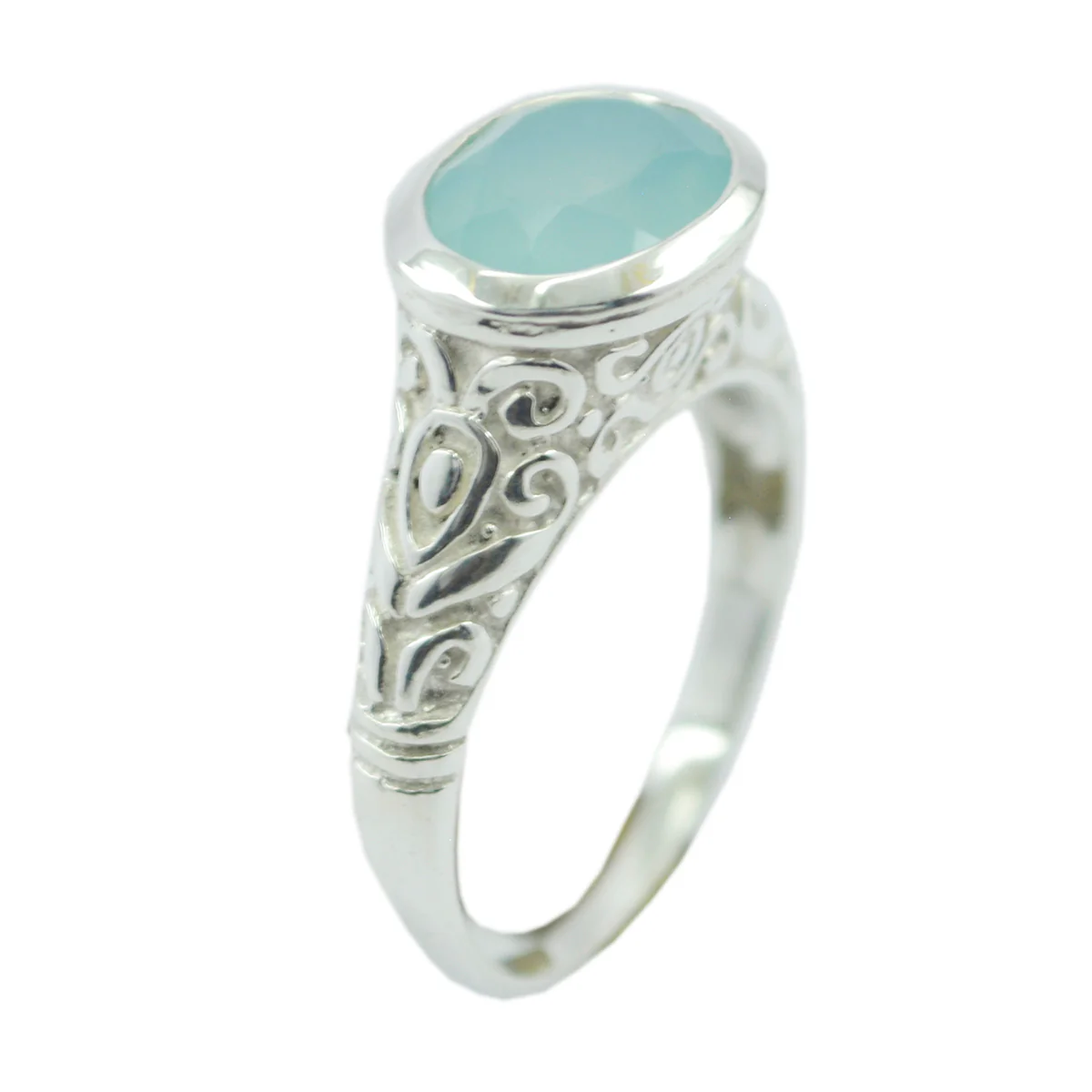 Blue Chalcedony Solitaire German 92.5 Silver Blue Gems Minimal Art Deco Ring Jewelry