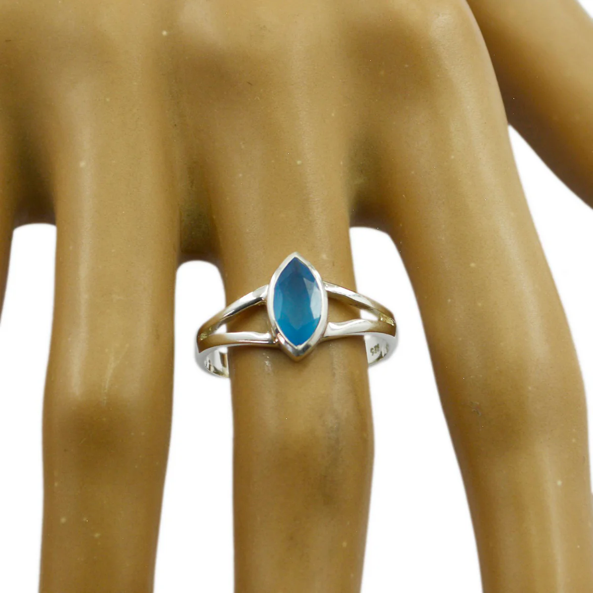 Blue Chalcedony Solitaire Japanese Silver Blue Gems Dainty Geometric Ring Jewelry - Image 3