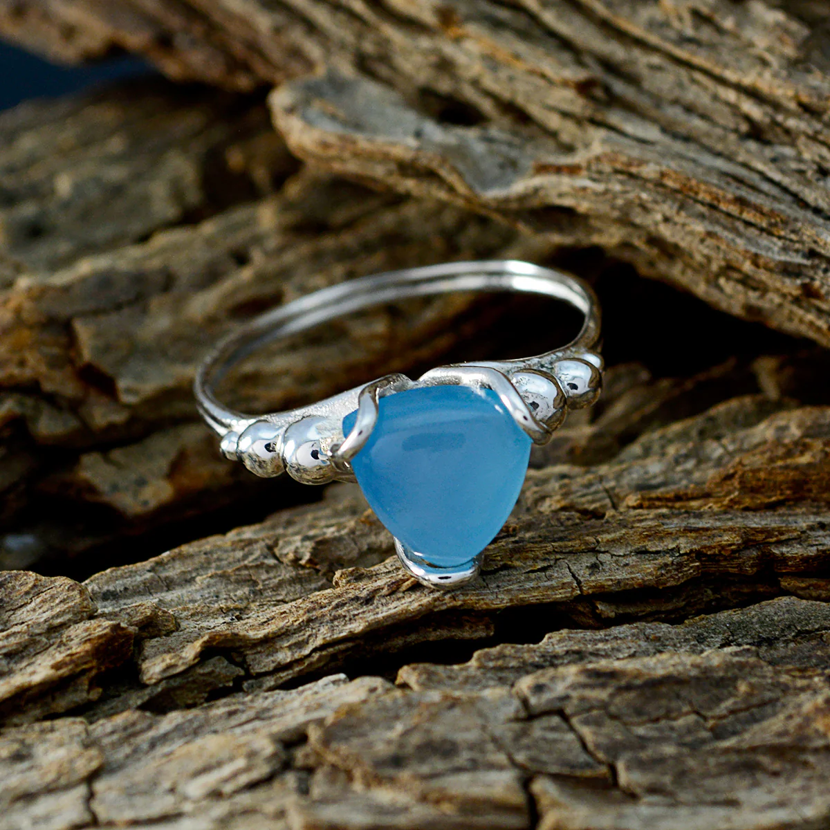 Blue Chalcedony Solitaire Mexican Sterling Silver Blue Gems Delicate Rope-Wire Ring Jewellery - Image 3