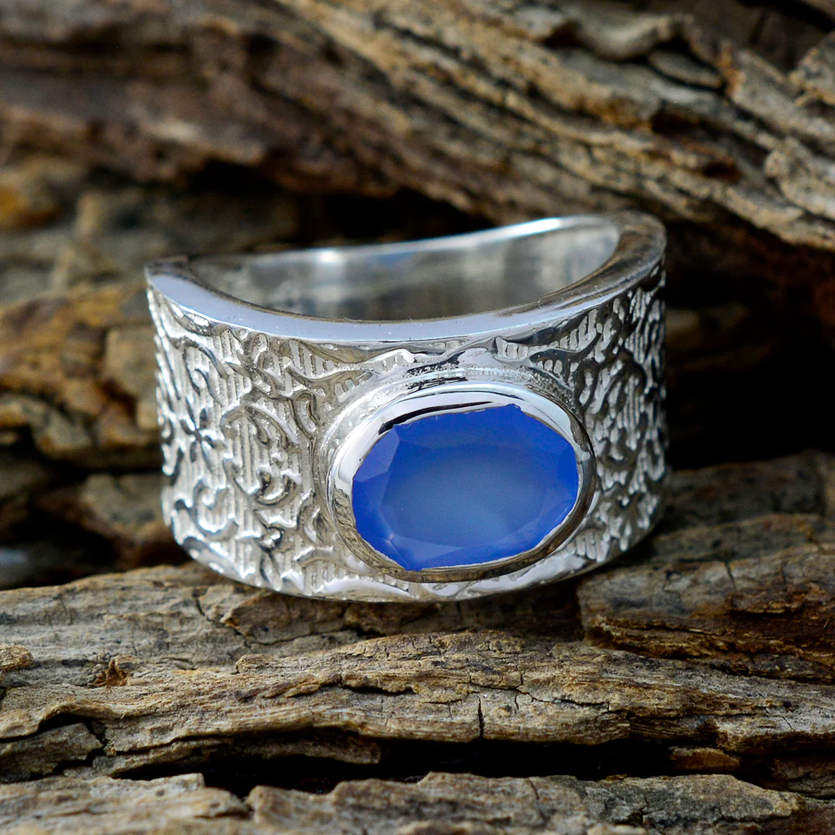 Blue Chalcedony Solitaire Russian 92.5 Silver Blue Gemstone Essential Art Deco Ring Jewelry - Image 3