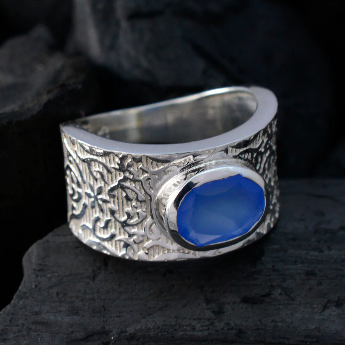 Blue Chalcedony Solitaire Russian 92.5 Silver Blue Gemstone Essential Art Deco Ring Jewelry - Image 4