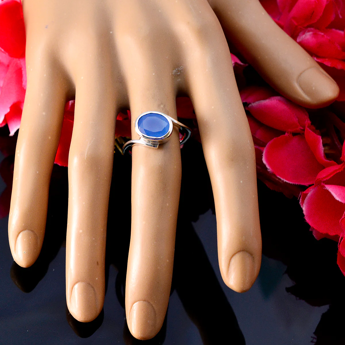 Blue Chalcedony Solitaire Russian Silver Blue Gems Minimal Abstract Ring Jewelry - Image 3