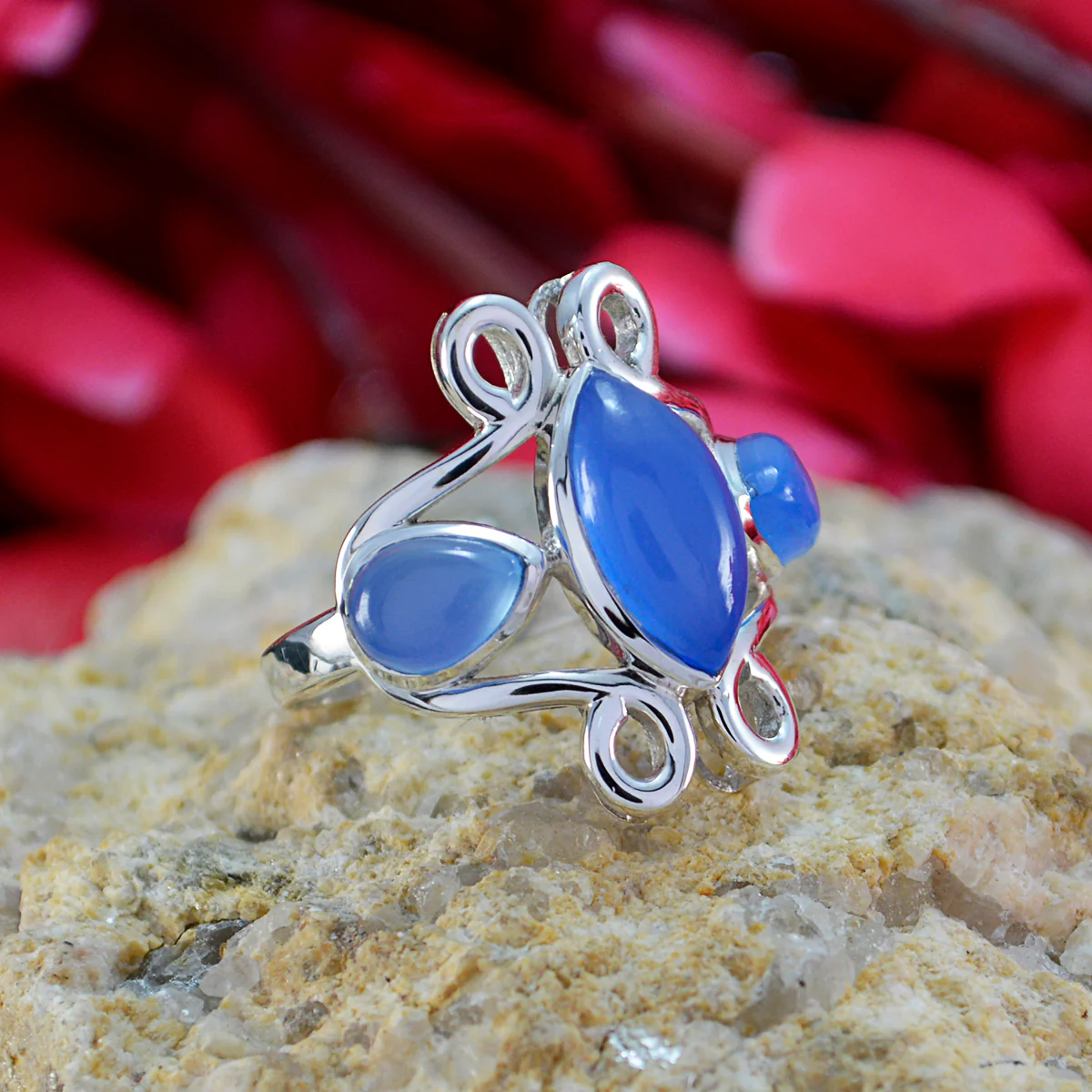 Blue Chalcedony Trilogy Russian Sterling Silver Blue Gems Tiny Feminine Ring Jewelry - Image 3