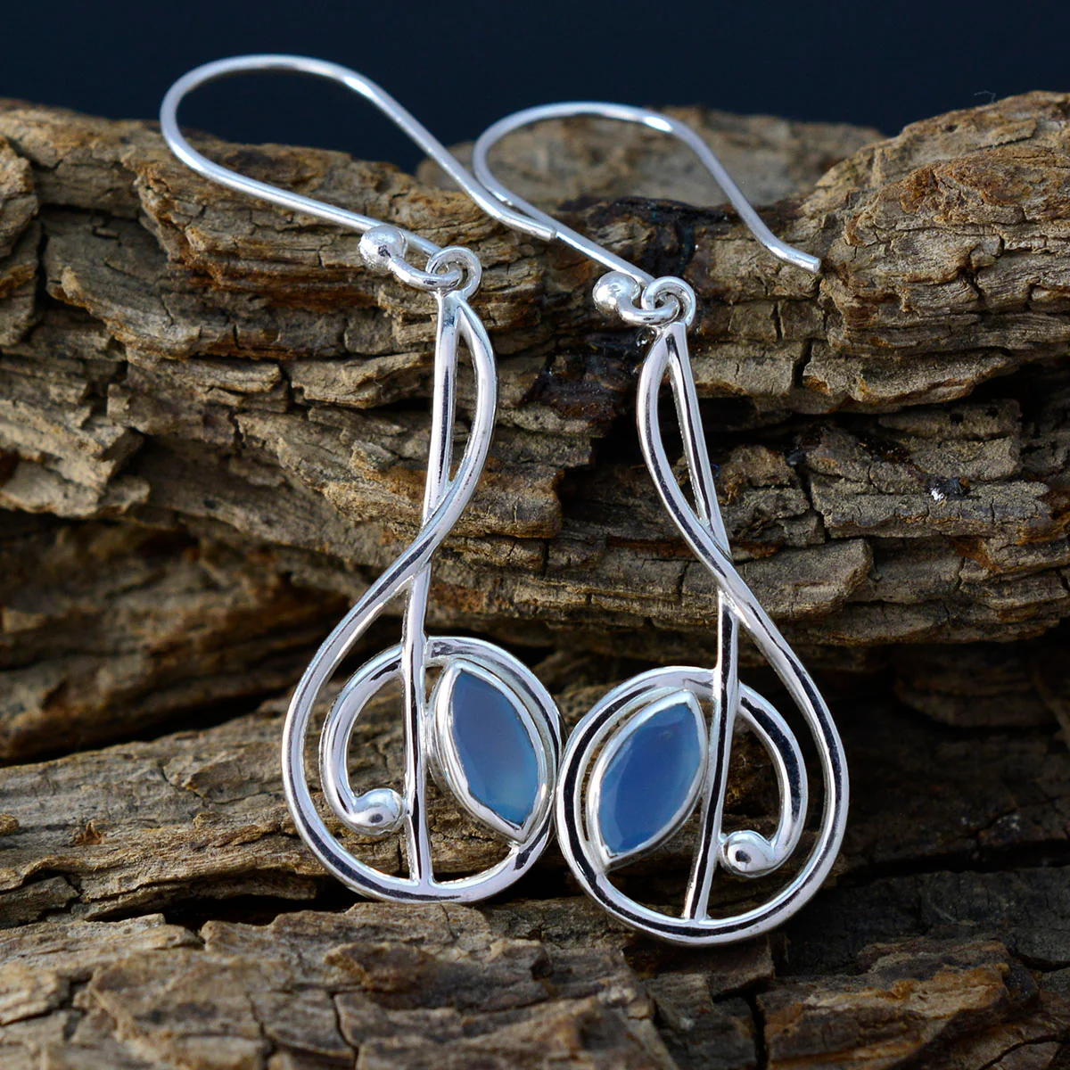 Blue Chalcedony Turkish Milagros Solitaire Dangle Blue 925 Sterling Silver Earring - Image 3